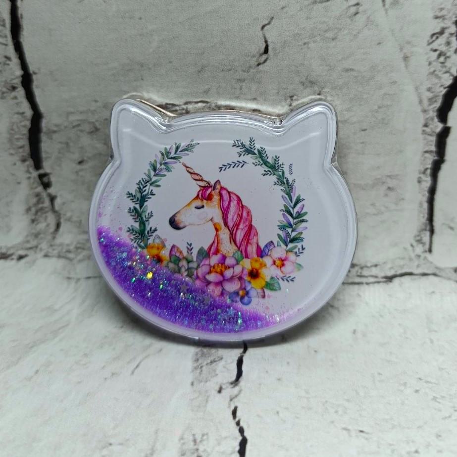 Дзеркало кишенькове косметичне Єдиноріг рідкі блискітки 7,5х7 см (А51-7)