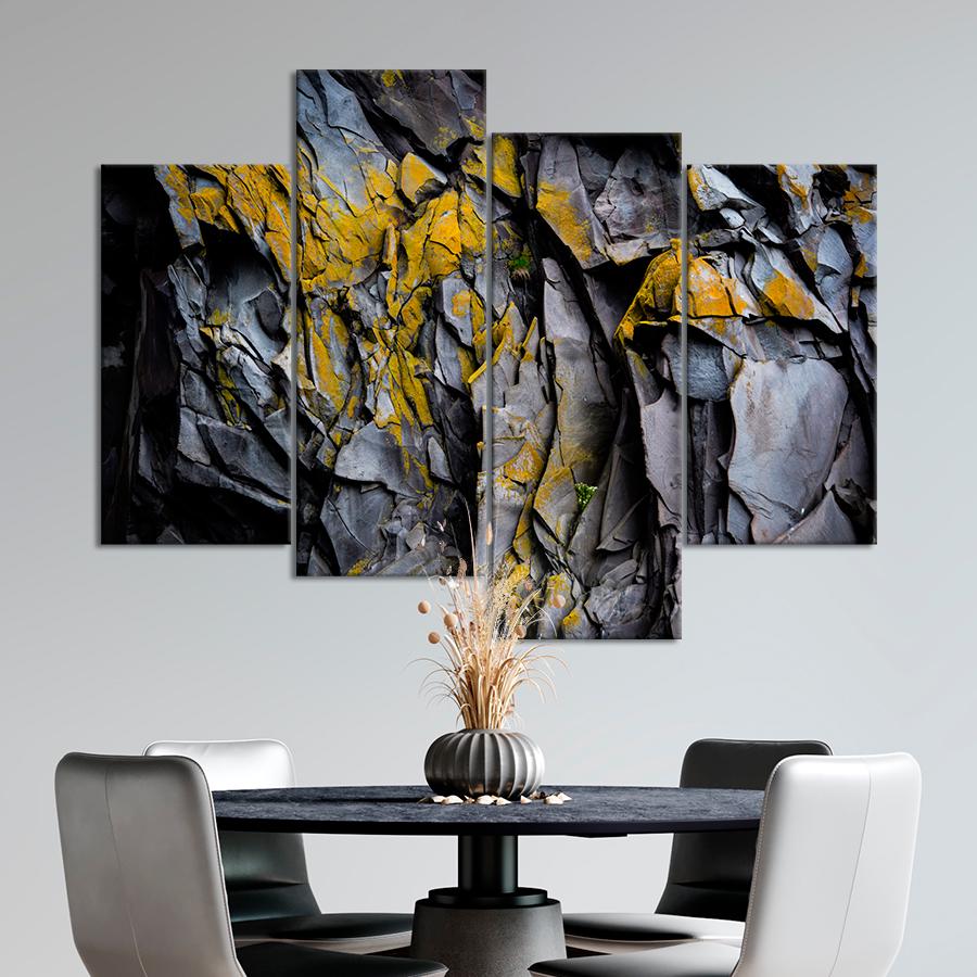 Картина абстракция Мазки жёлтой краски на серой скале 149x106 см (A959-4)