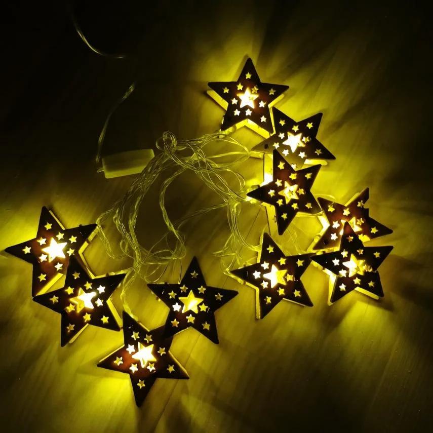Светодиодная гирлянда нить 2 м 10 LED с деревянными фигурками Звезды Желтый