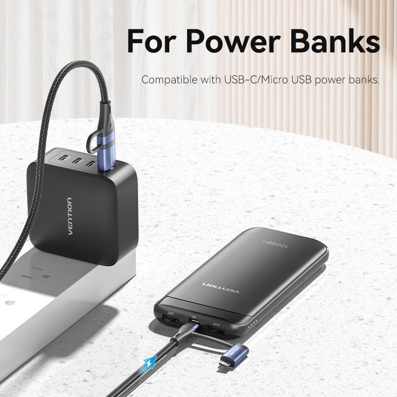 Кабель Vention USB + Type-C-Type-C + Micro-USB 100Вт 5А/20В 480 Мбіт/с USB-A + USB-C на USB-C + Micro-B PD нейлоновий шнур 2 м Чорний (CTLLH) - фото 8