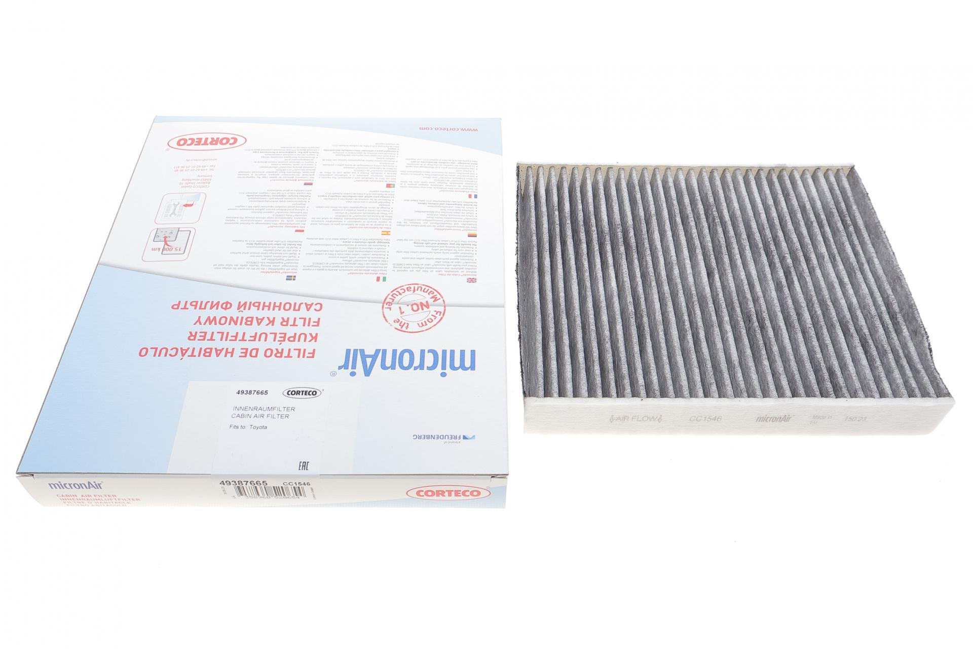 Фильтр салона CORTECO для Lexus ES/RX/UX/Toyota C-HR/Corolla/Hilux VIII/Prius/Rav4 1,2-3,5H 15- угольный (49387665)