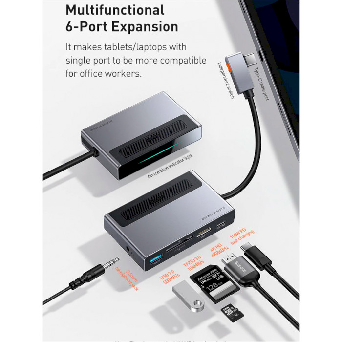 USB-хаб Baseus Magic Multifunctional Type-C with a Retractable Clip Standard Edition Space Gray (CA -DA0G) - фото 6