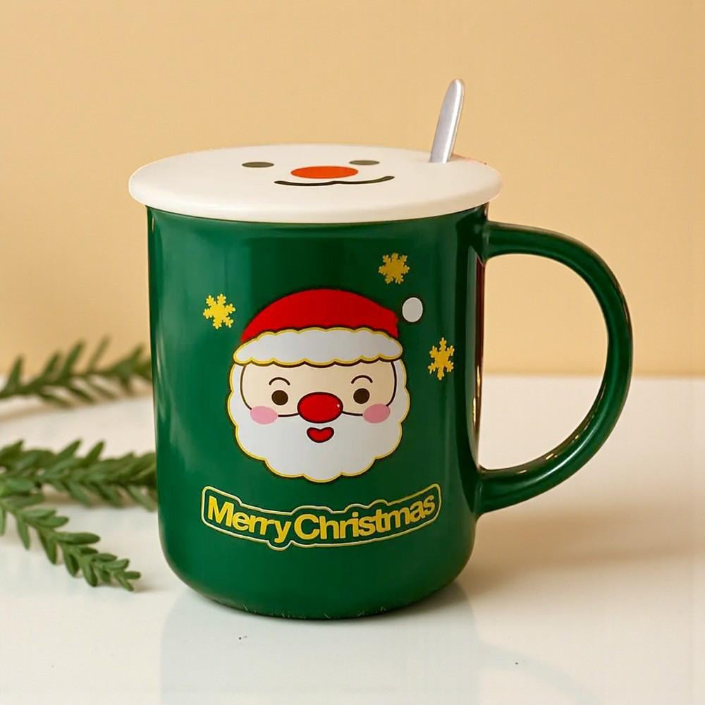 Чашка новорічна з кришкою і ложкою Санта кераміка 380 мл Зелений - фото 8