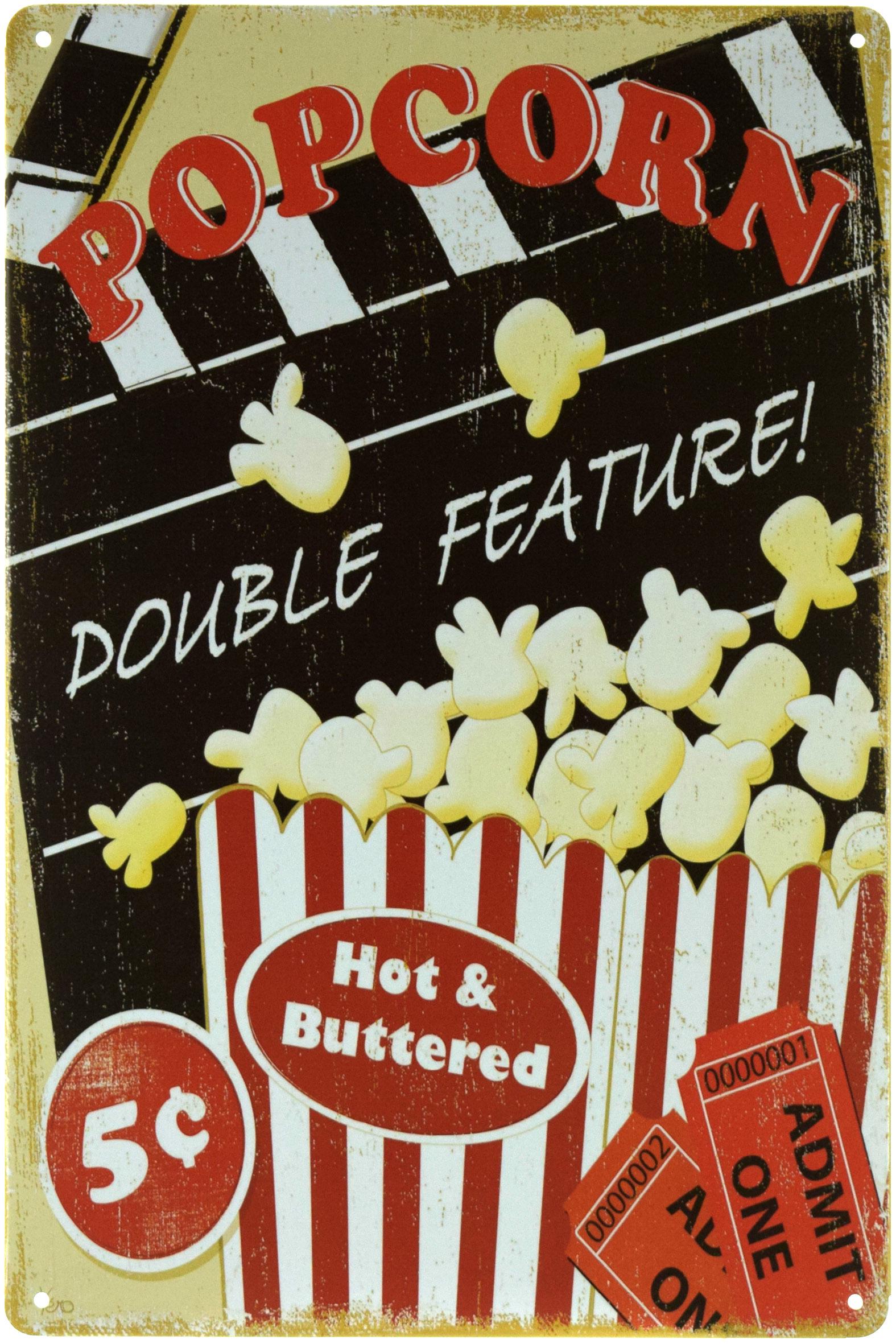 Табличка металлическая Двойной Попкорн/Pop Corn Double Feature 20x30 см