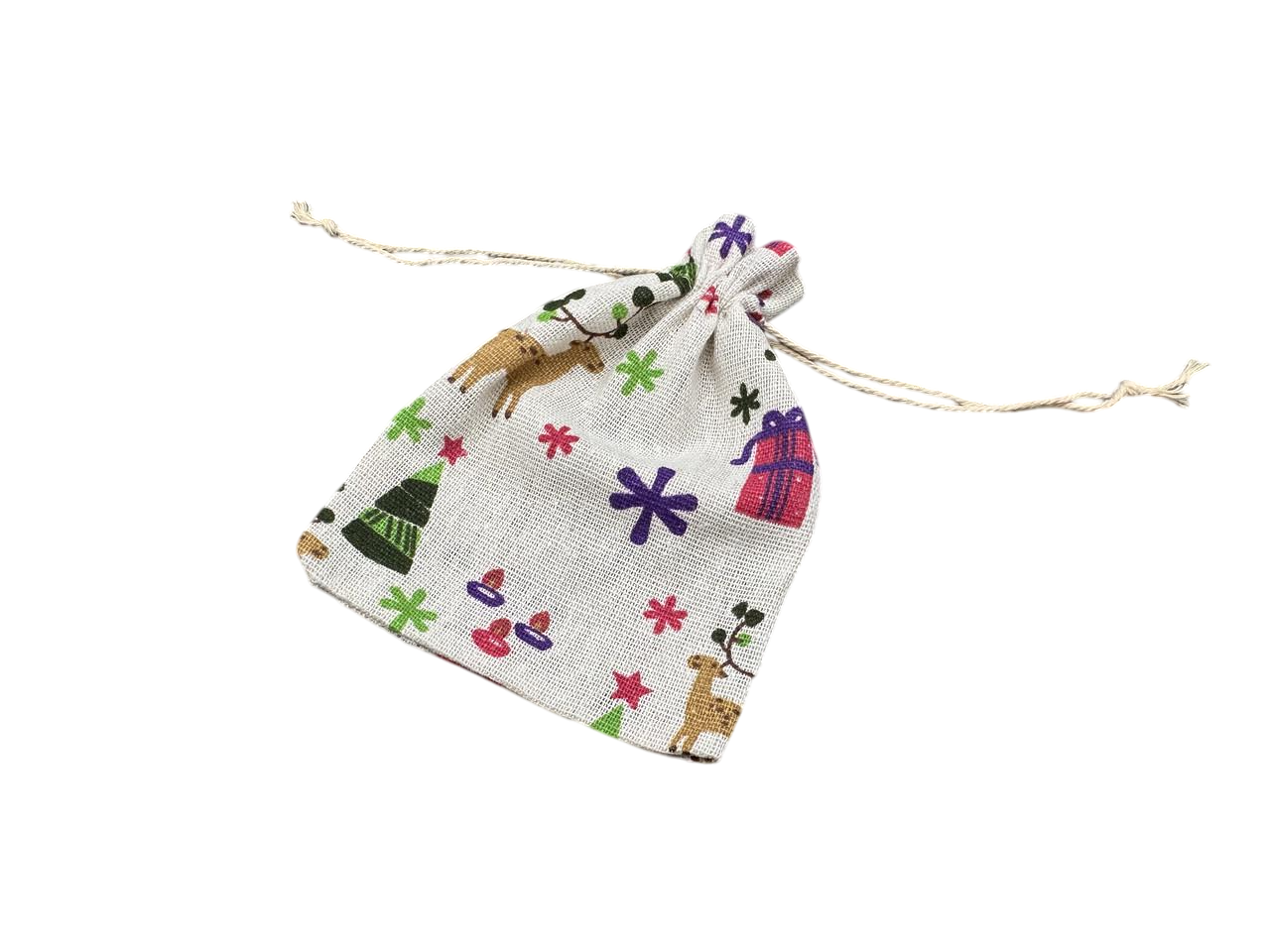 Подарочный мешочек с новогодним принтом на затяжках из мешковины 14х10 см Белый (BGN-113)