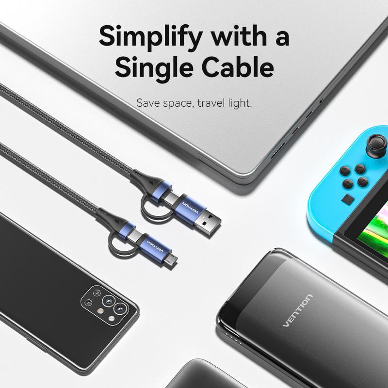 Кабель Vention USB + Type-C-Type-C + Micro-USB 100Вт 5А/20В 480 Мбіт/с USB-A + USB-C на USB-C + Micro-B PD нейлоновий шнур 2 м Чорний (CTLLH) - фото 15