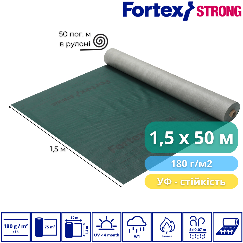 Мембрана диффузионная Fortex Strong 1,5x50 м 75 м2 180 г/м2 (390246) - фото 2