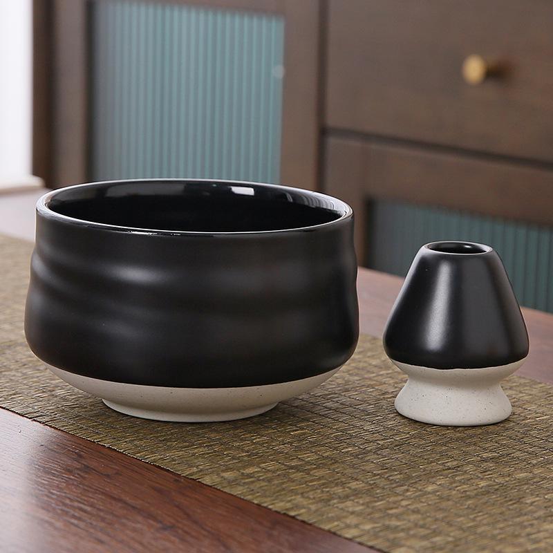 Комплект чаша Чаван/Тяван керамическая для приготовления чая матча с подставкой Кусенаоши для венчика часен Черный (KC09B) Комплект чаша Чаван/Тяван керамическая для приготовления чая матча с подставкой Кусенаоши для венчика часен Черный (KC09B)