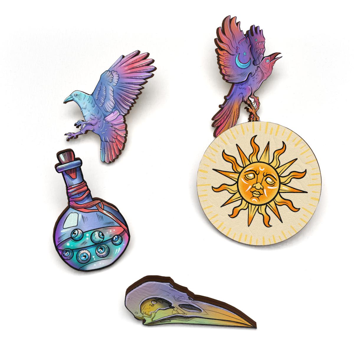 Набор значков Lex Altern Мистические символы/кристаллы из дерева 5 шт.