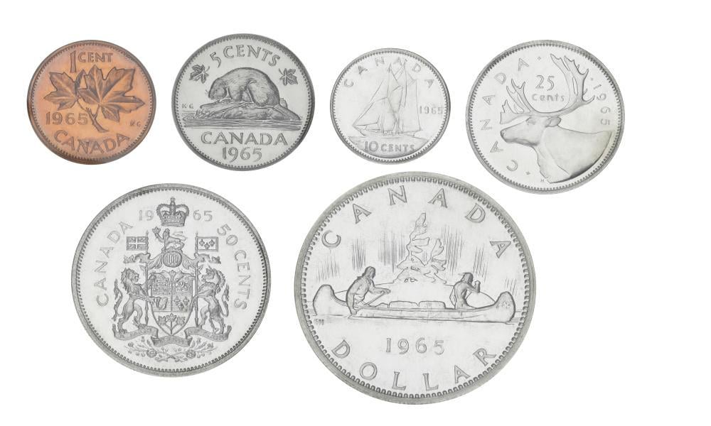 Коллекционные монеты Канада 6 шт. 1965 AU-UNC 1/5/10/25/50 центов/1 доллар-серебро (М20728)