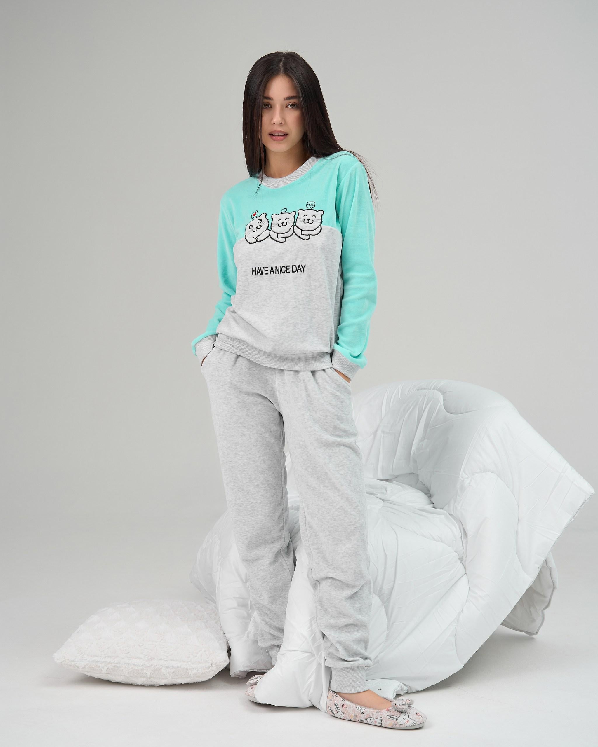 Костюм женский с брюками Три котика велюр XL Бирюзовый (87125)