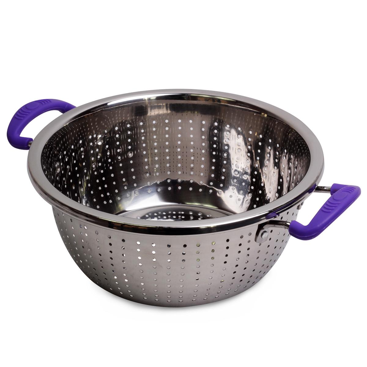 Дуршлаг круглый Kamille KM-4359 из нержавеющей стали с двумя силиконовыми ручками 26 см Фиолетовый (124-84-4359-3)