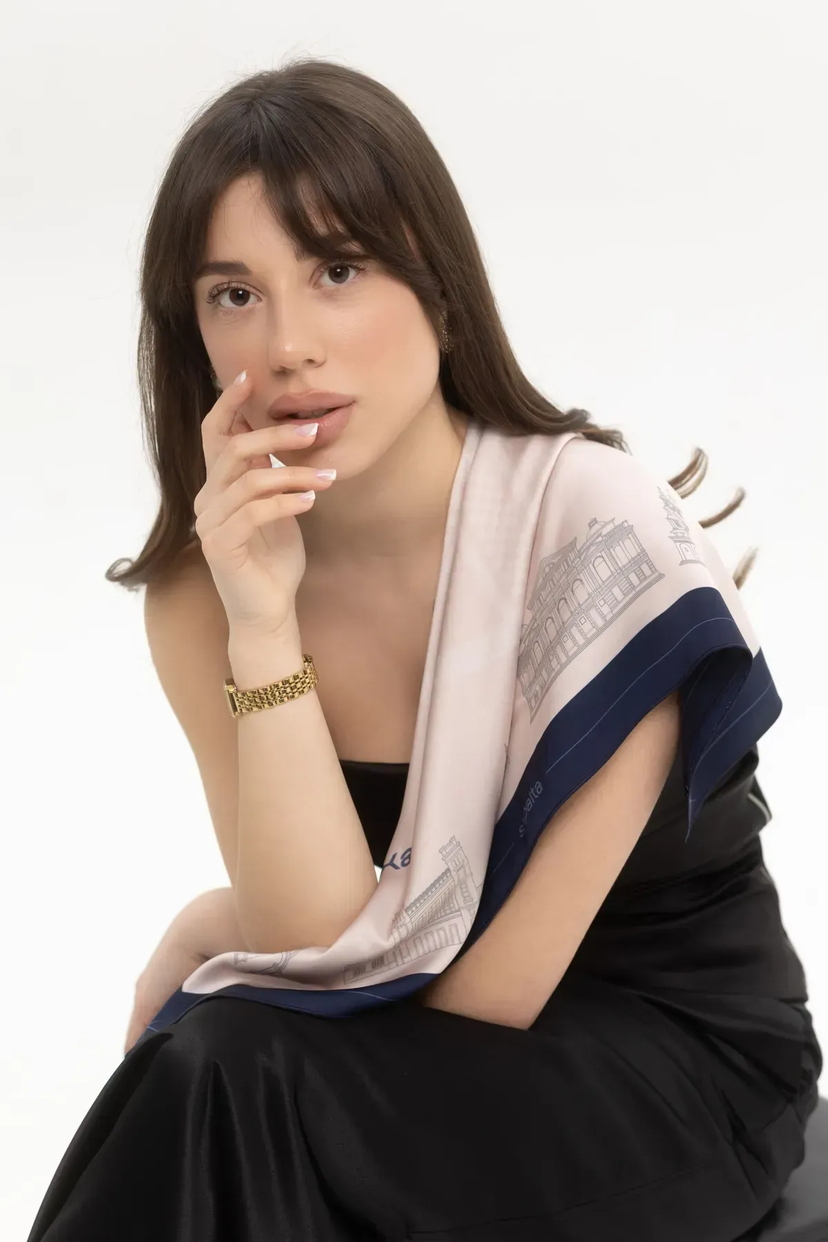 Платок Харьков шелковый односторонняя печать 55х55 см Бежево-синий (27557525) - фото 3