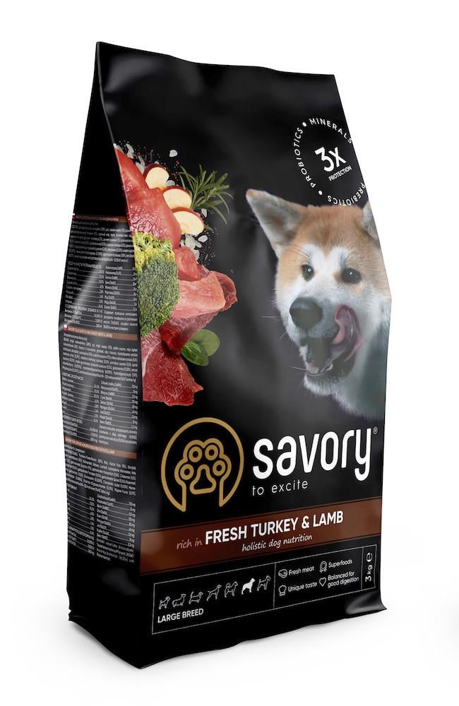 Корм для собак Savory Large Breeds rich in Fresh Turkey and Lamb для дорослих собак вагою до 10 кг 3 кг