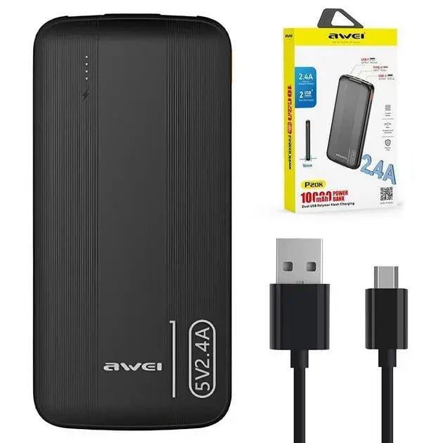 Повербанк для телефона Awei P20K 10000 mAh Li-Pol 2USB Type-C 2,4A Черный (opt-105528)