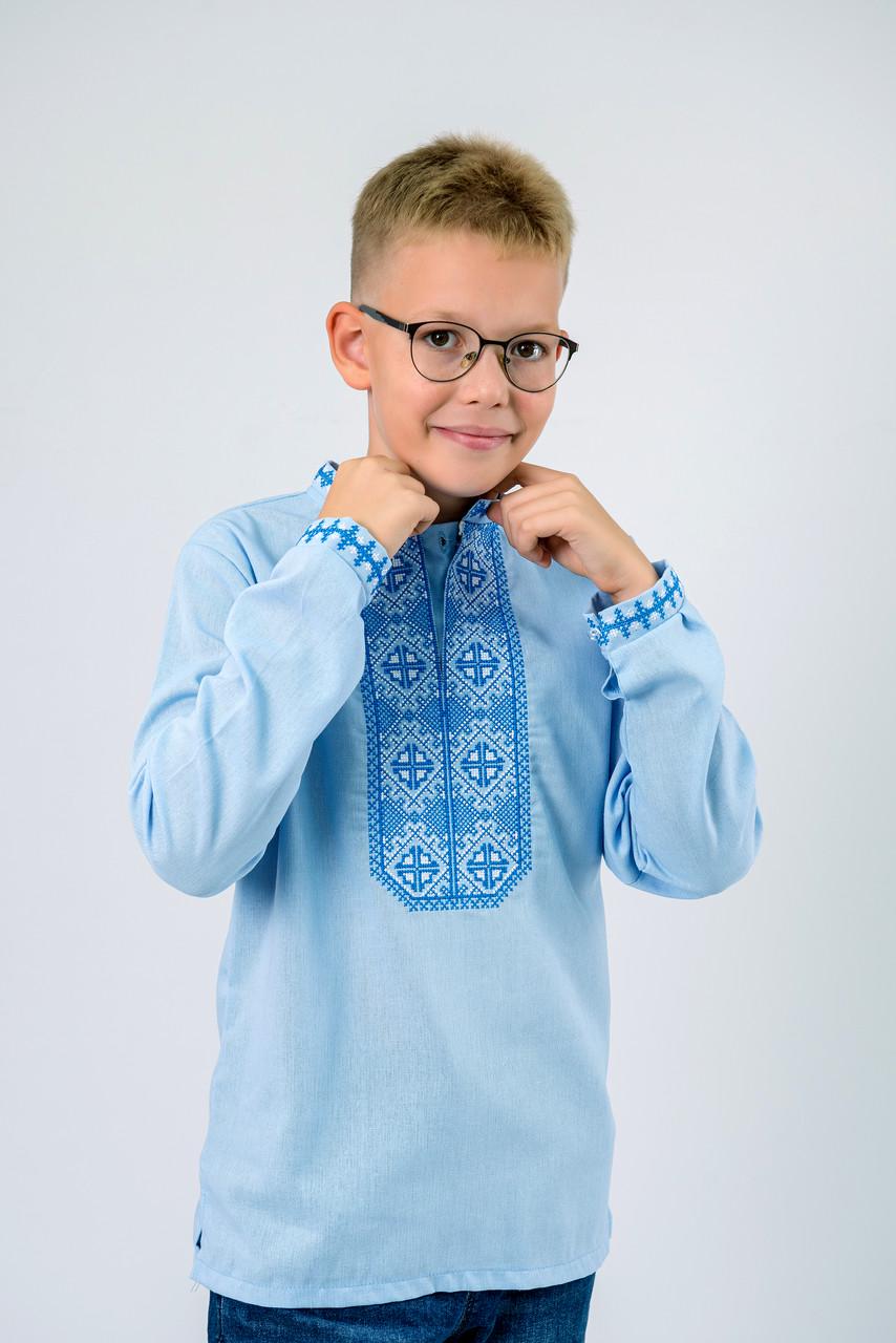 Вышиванка на мальчика натуральный лен с длинным рукавом 158 см Голубой (1801917509) - фото 2
