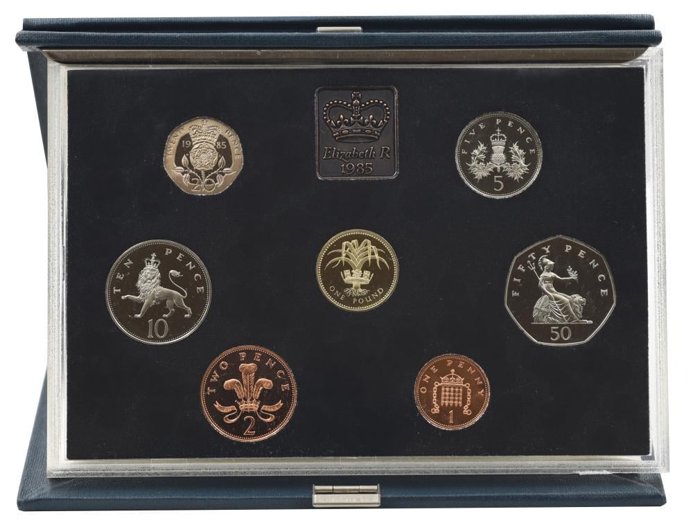 Набір колекційних монет Великобританія 7 монет 1985 Proof 1/2/5/10/20/50 пенсів 1 фунт у сувенірному пакуванні (М23762)