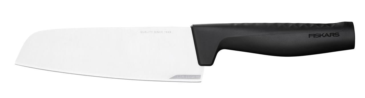 Кухонный нож Сантока для мяса и овощей Fiskars Hard Edge всадной с эргономичной рукояткой нержавеющая сталь 16 см Черный (2564410006)