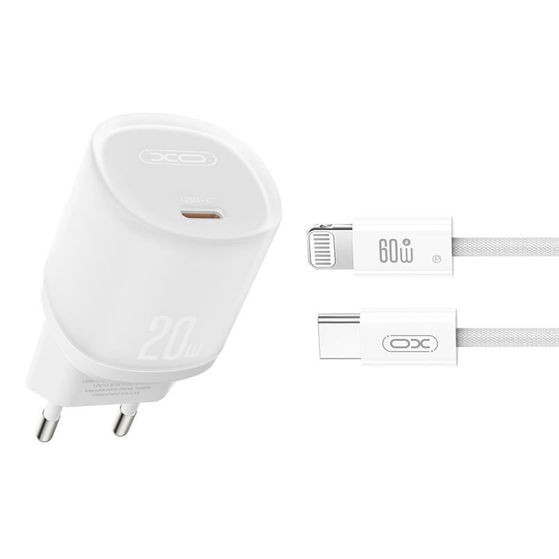 Сетевое зарядное устройство XO L143 PD20W Single USB-C Lightning кабель Белый (XO-L143+L-White)