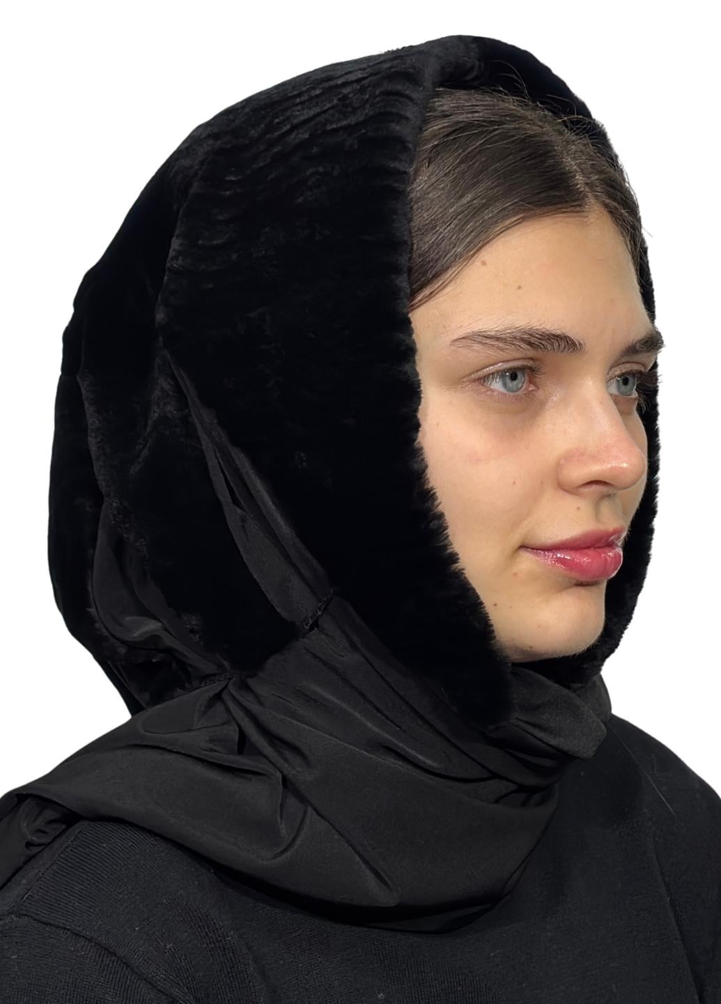 Платок на голову женский Меховой стиль Паук из натурального меха кролика Черный (314/E)