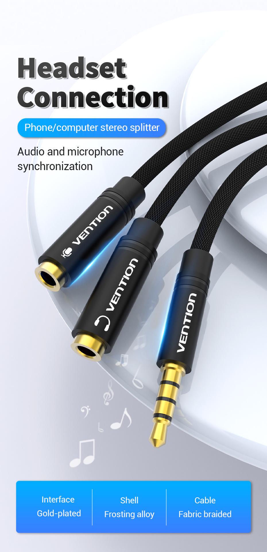 Перехідник Vention 3.5 мм minijack-2х3.5 мм/minijack AUX 4-піновий нейлонове обплетення TRRS 0,3 м Чорний (BBMBY) - фото 2 Перехідник Vention 3.5 мм minijack-2х3.5 мм/minijack AUX 4-піновий нейлонове обплетення TRRS 0,3 м Чорний (BBMBY) - фото 2