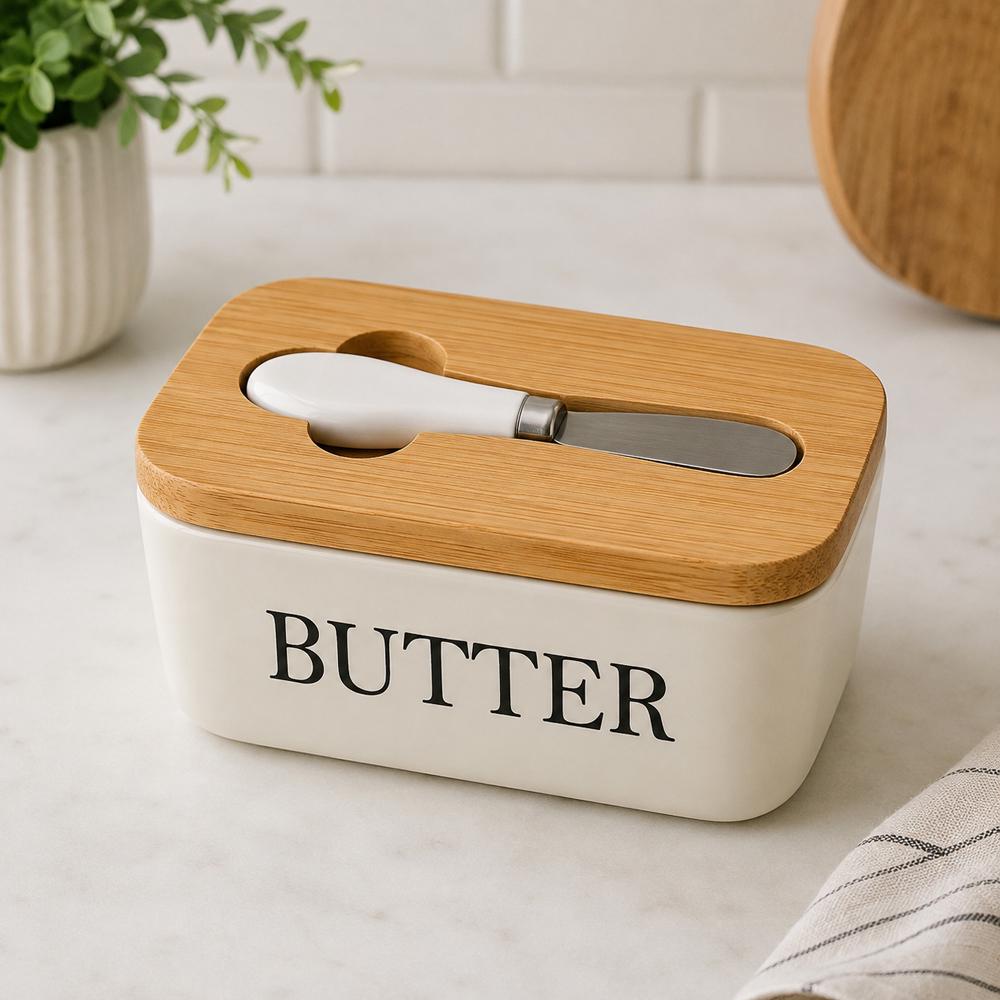 Масленка керамическая для масла с крышкой и ножом Butter 500 мл Белый
