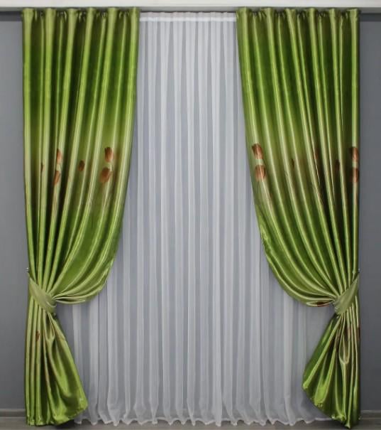 Фотошторы двухсторонние с цветочным принтом 1,5х2,65 м 2 шт. Оливковый (1388ш)