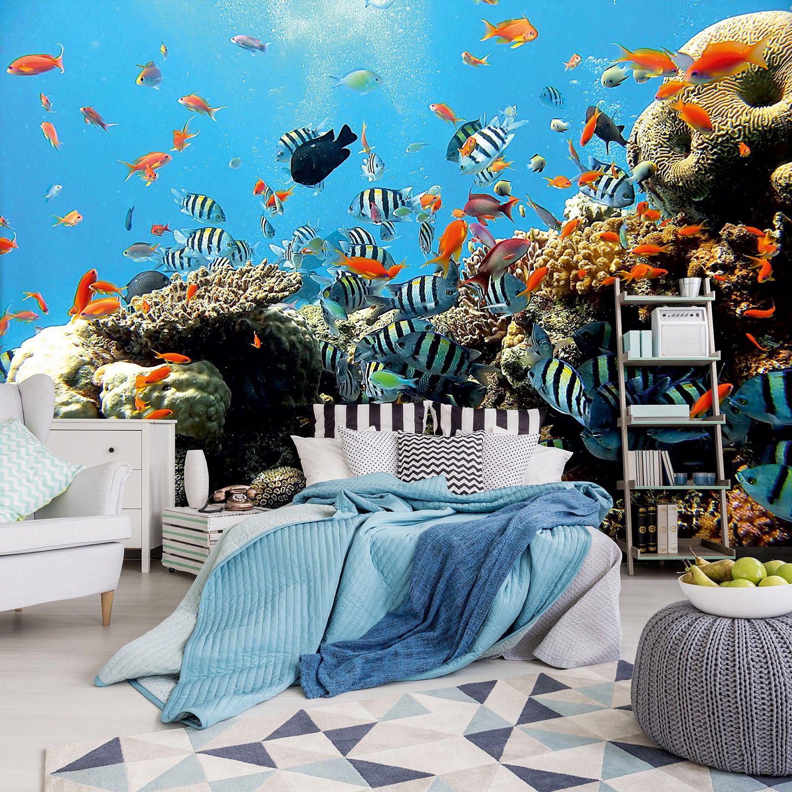 Фотообои флизелиновые 3д фото в зал Кораллы Аквариум Рыбки Подводный мир во всей красе с клеем 254x184 см (4-005V4)