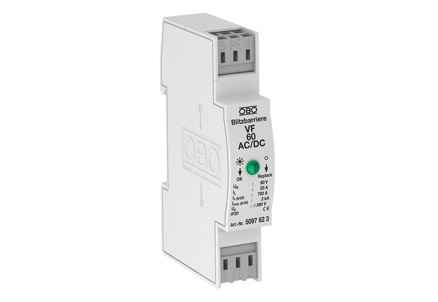 Модуль захисту OBO bettermann VF60-AC/DC 3P 2кА 60В AC/DC клас 3D для контрольно-вимірювальних пристроїв (5097623)