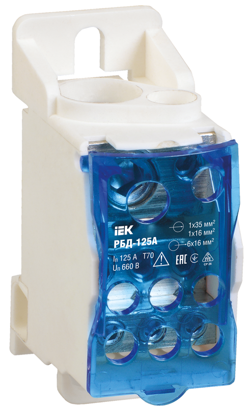 Блок распределительный УЕК РБД-125А 125А вход 1х35/1х16 мм2 выход 6х16 мм2 на DIN-рейку (RBD-125-U) Блок распределительный УЕК РБД-125А 125А вход 1х35/1х16 мм2 выход 6х16 мм2 на DIN-рейку (RBD-125-U)