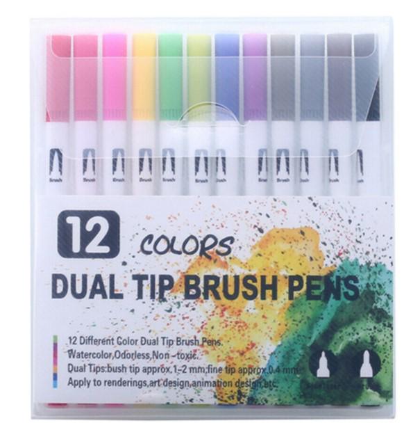 Двухсторонние акварельные маркеры-линеры для скетчинга Dual Tip Brush Pens 12 цветов - фото 1