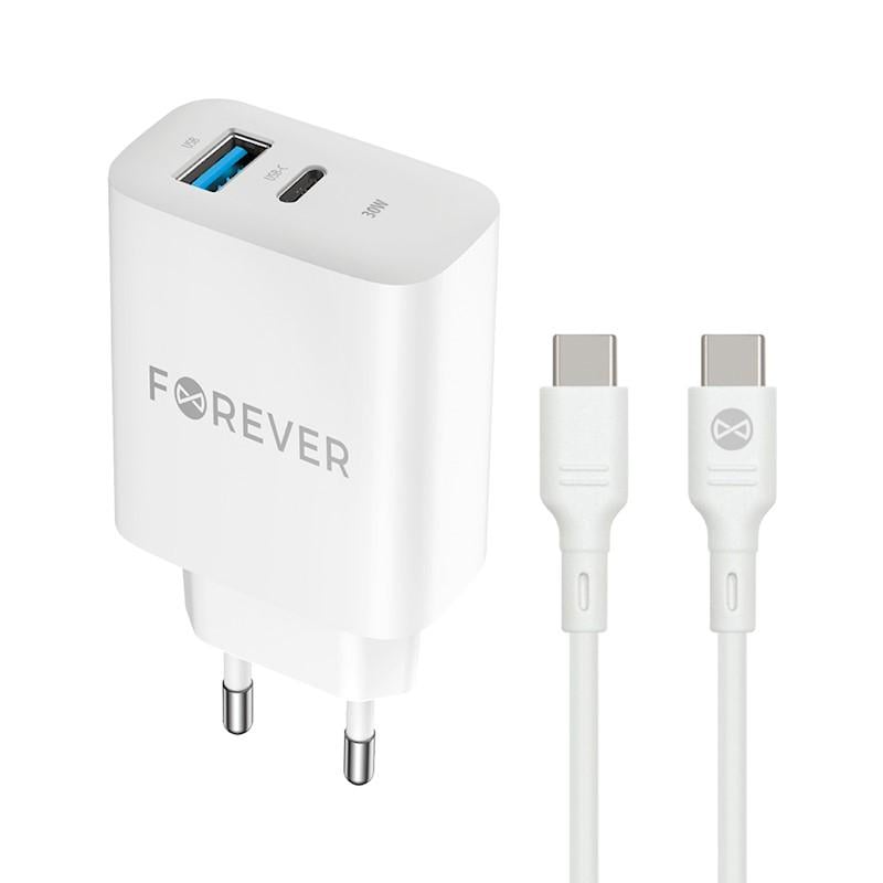 Зарядное устройство сетевое Forever TC-07-30AC PD QC charger 1xUSB-C 1xUSB 30W White с кабелем USB-C - USB-C 60W (24145893)