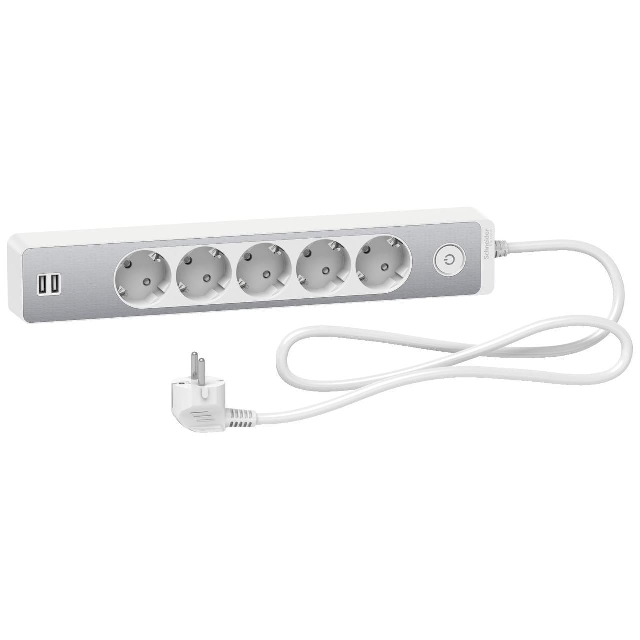 Удлинитель Schneider Electric 5 розеток с заземлением с 2xUSB 1,5 м Алюминий/Белый (3140561780)