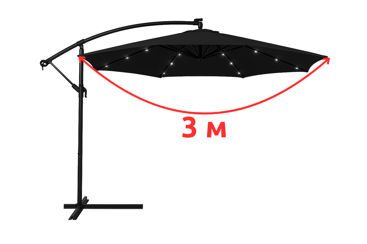 Садова парасолька WCG з поліестеру 160G сталевою рамою LED-підсвічування на сонячній панелі з чохлом 3 м Чорний (W-7011LED-BL1) - фото 9 Садова парасолька WCG з поліестеру 160G сталевою рамою LED-підсвічування на сонячній панелі з чохлом 3 м Чорний (W-7011LED-BL1) - фото 9