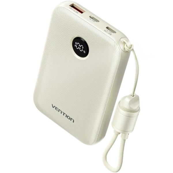 УМБ Vention 10000 mAh 22,5W Fast Charging USB-A 2xUSB-C with built-in USB-C cable Beige