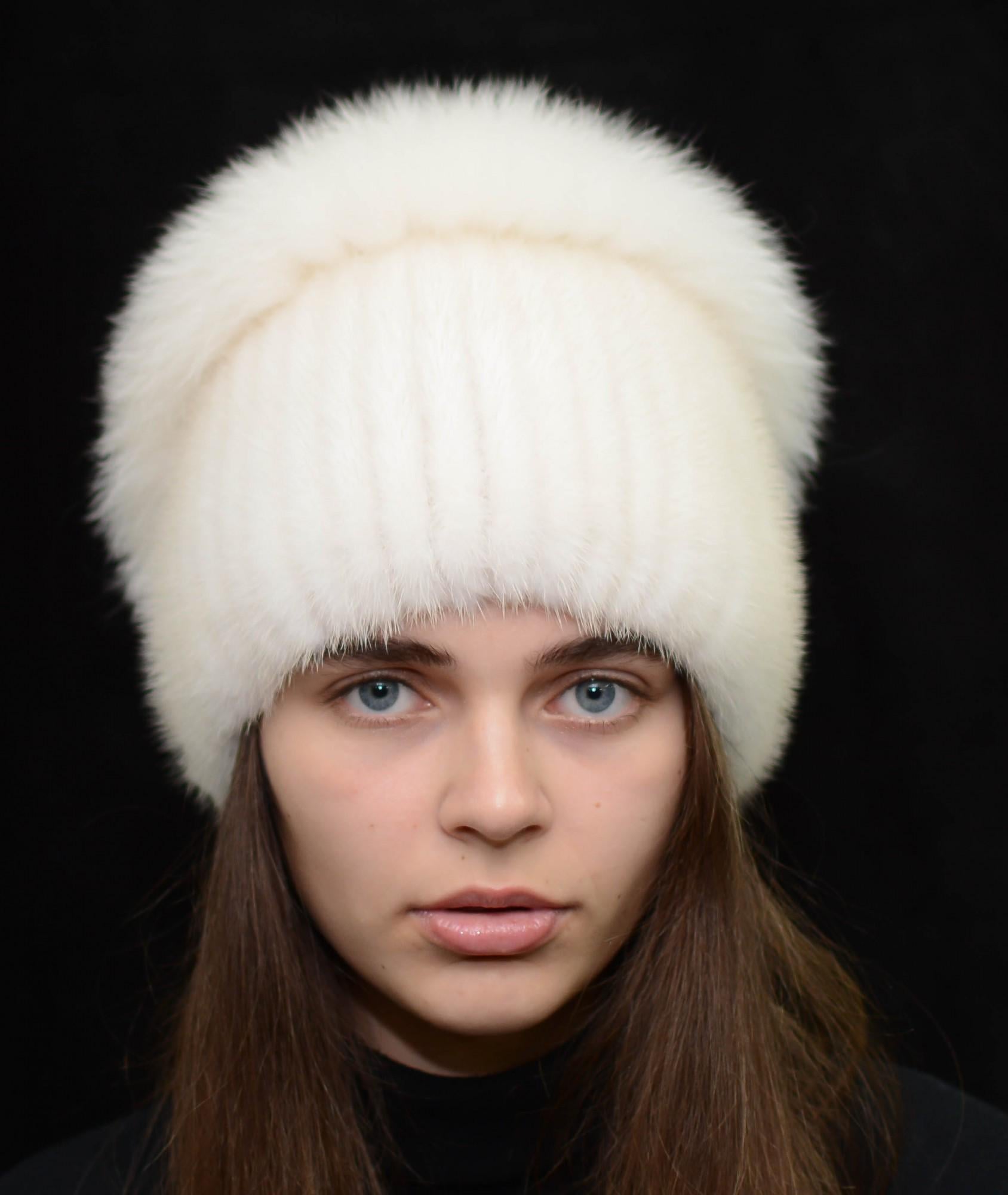 Шапка з в'язаної норки Меховой стиль Бабка з помпоном натуральне хутро XL-XXL Перли (117/E)