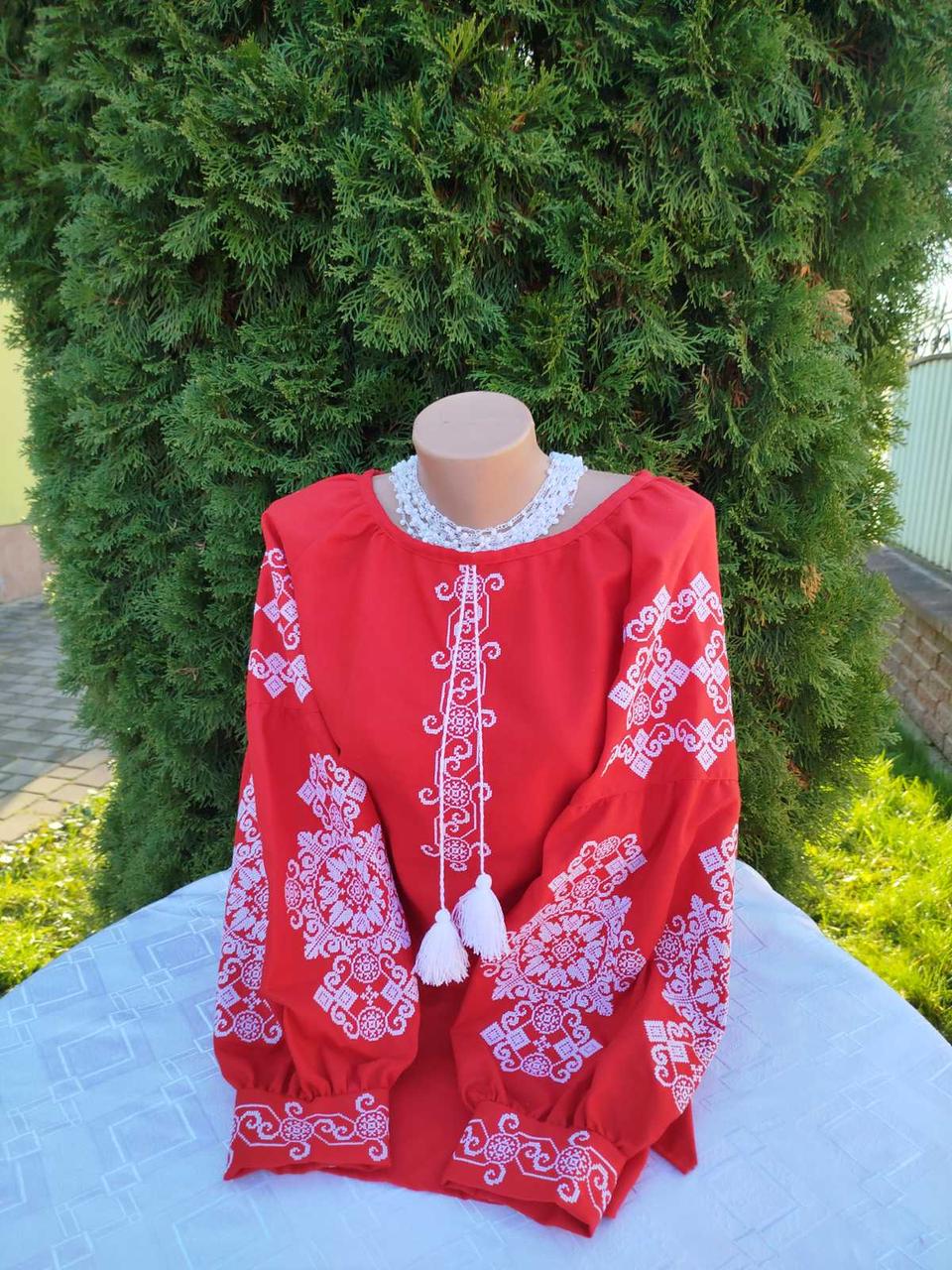 Вышиванка женская с узором на натуральном домотканом полотне рукав Бохо р. 56 Красный/Белый (2502290564)