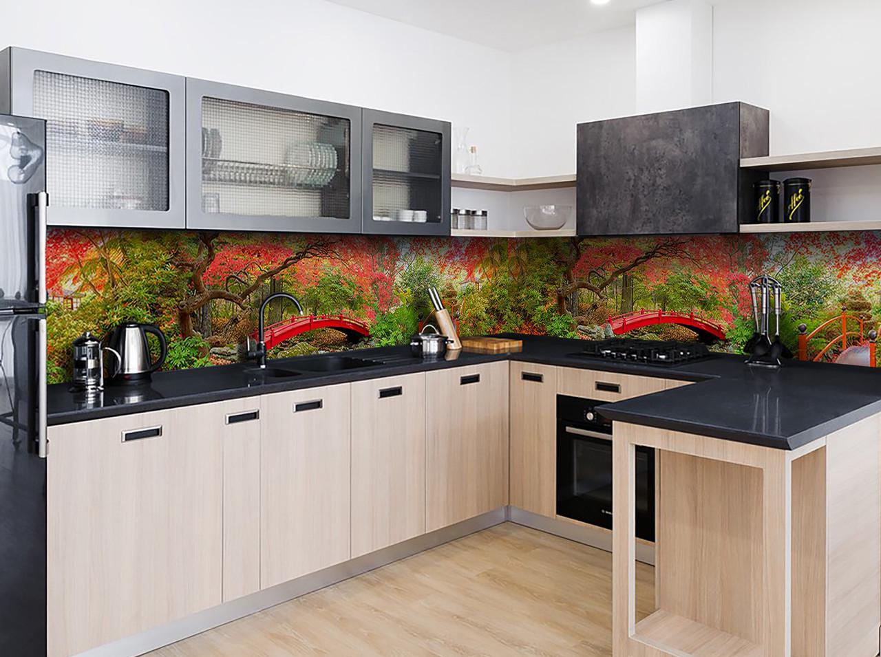 Кухонный фартук Мост и осенние деревья из самоклеющейся виниловой пленки 60х250 см Зеленый