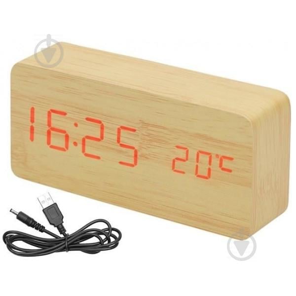 Настольные часы Wooden Watch электронные светодиодные с будильником USB 15см Жёлто-красные (VST-862-4)