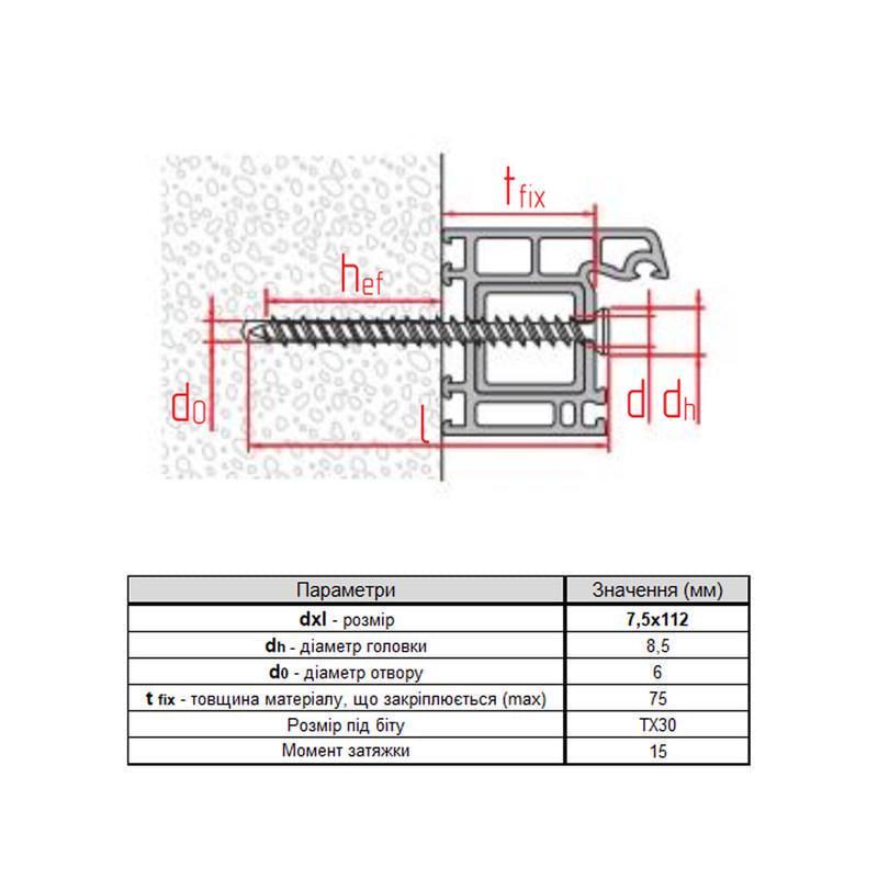 Анкер-винт Metalvis TURBO 7,5х112 мм прижим 75 мм цинк белый Ø 8,5 цилиндрическая головка TX30 100 шт. (9011T000901751122T) - фото 2