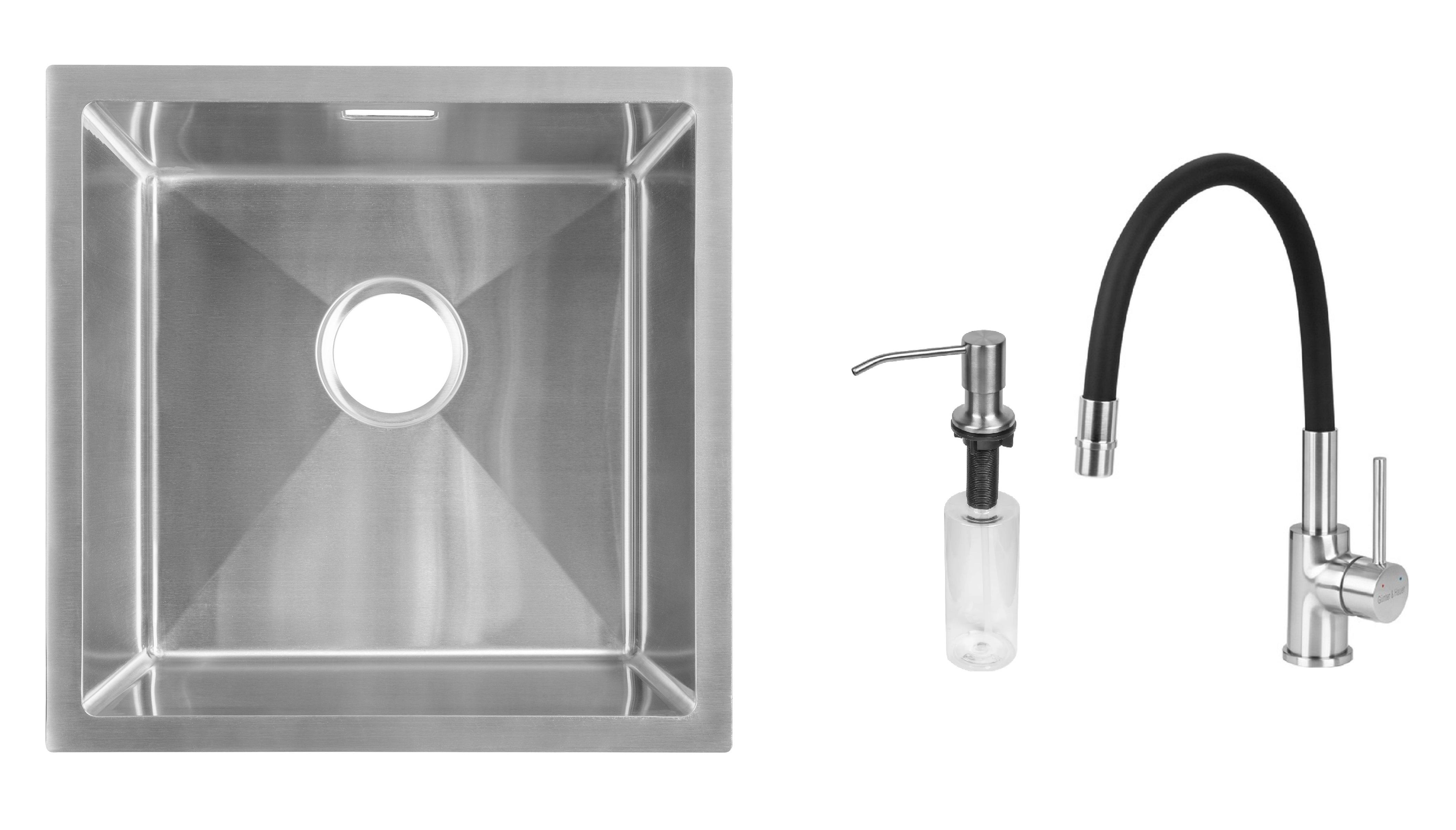 Комплект из кухонной мойки Gunter&Hauer Olef 4522 Inox кухонного смесителя Gunter&Hauer BRISE Brush и дозатора Gunter&Hauer SOAP DISPENSER Inox