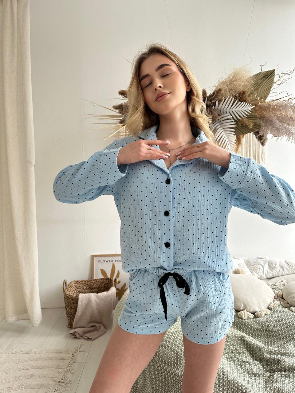Пижама женская муслиновая со свободными шортами S Голубой (ВК4302В-4) - фото 4 Пижама женская муслиновая со свободными шортами S Голубой (ВК4302В-4) - фото 4