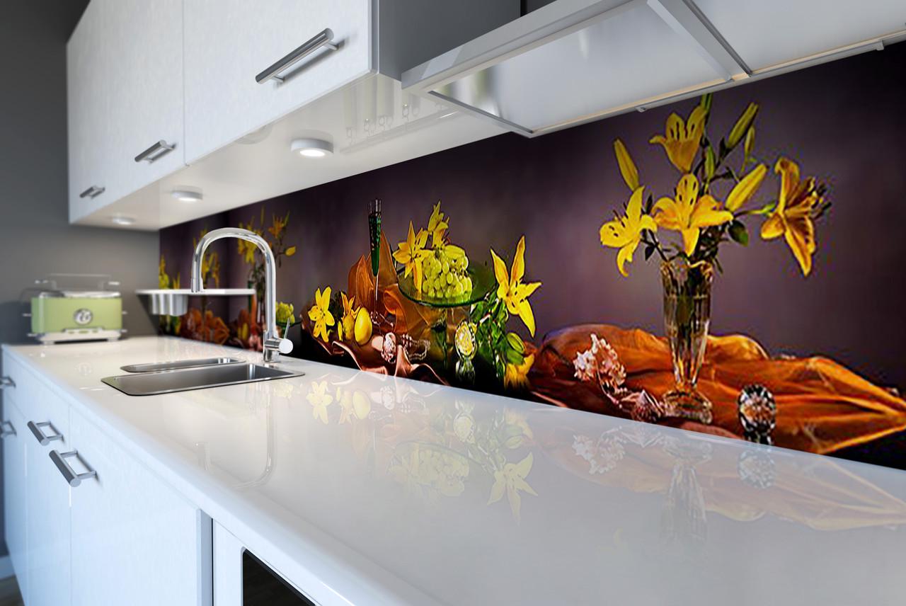 Кухонный фартук Натюрморт желтые лилии из самоклеющейся виниловой пленки 60х300 см Коричневый