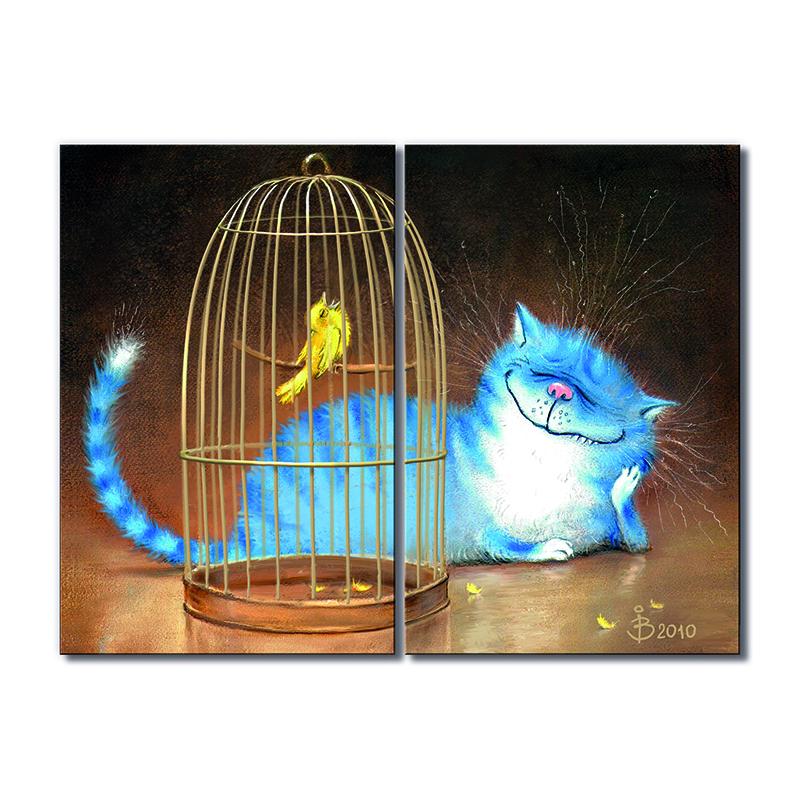 Модульная картина Кот и канарейка в клетке 2 модуля 60x90 см