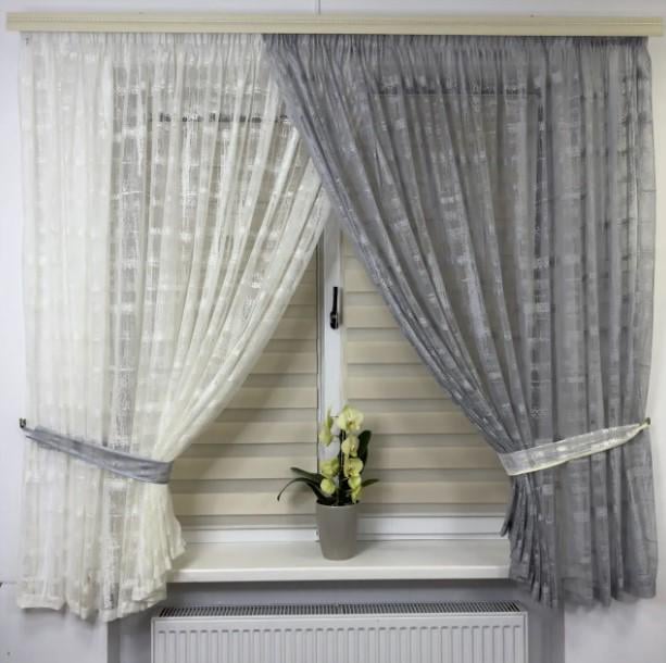 Комплект штор на кухню жаккард 500х180 см Серый/Кремовый (461 5)