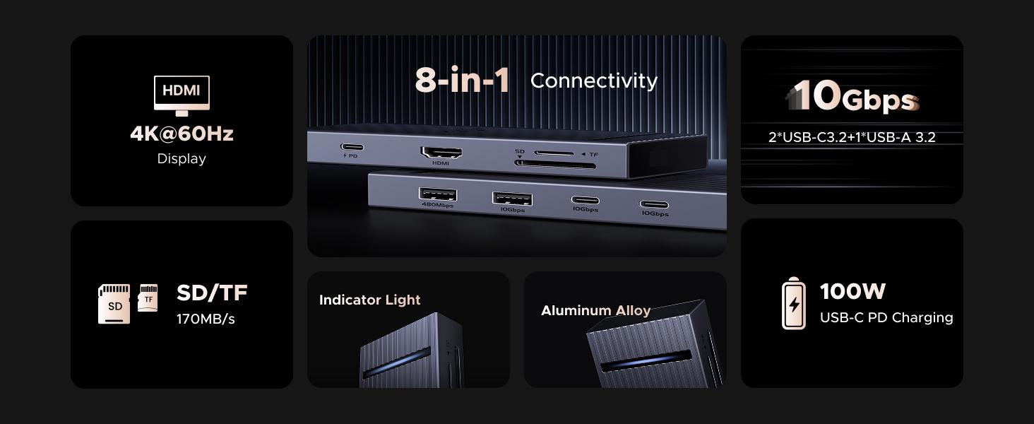 Концентратор UGREEN 8в1 Revodok Pro с HDMI 4K при 60 Гц/10 Гбит/с SD/TF со скоростью 170 МБ/с 100 Вт Grey (75027) - фото 2 Концентратор UGREEN 8в1 Revodok Pro с HDMI 4K при 60 Гц/10 Гбит/с SD/TF со скоростью 170 МБ/с 100 Вт Grey (75027) - фото 2