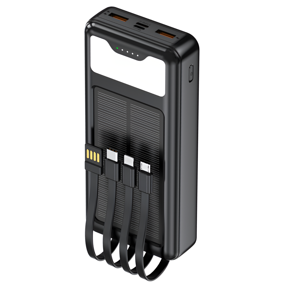 Повербанк AndoWl Q-DC79X1 з сонячною батареєю/ліхтариком та вбудованими кабелями Micro USB A/Type C/Lightning 12000 mAh Чорний (c05c86f4)