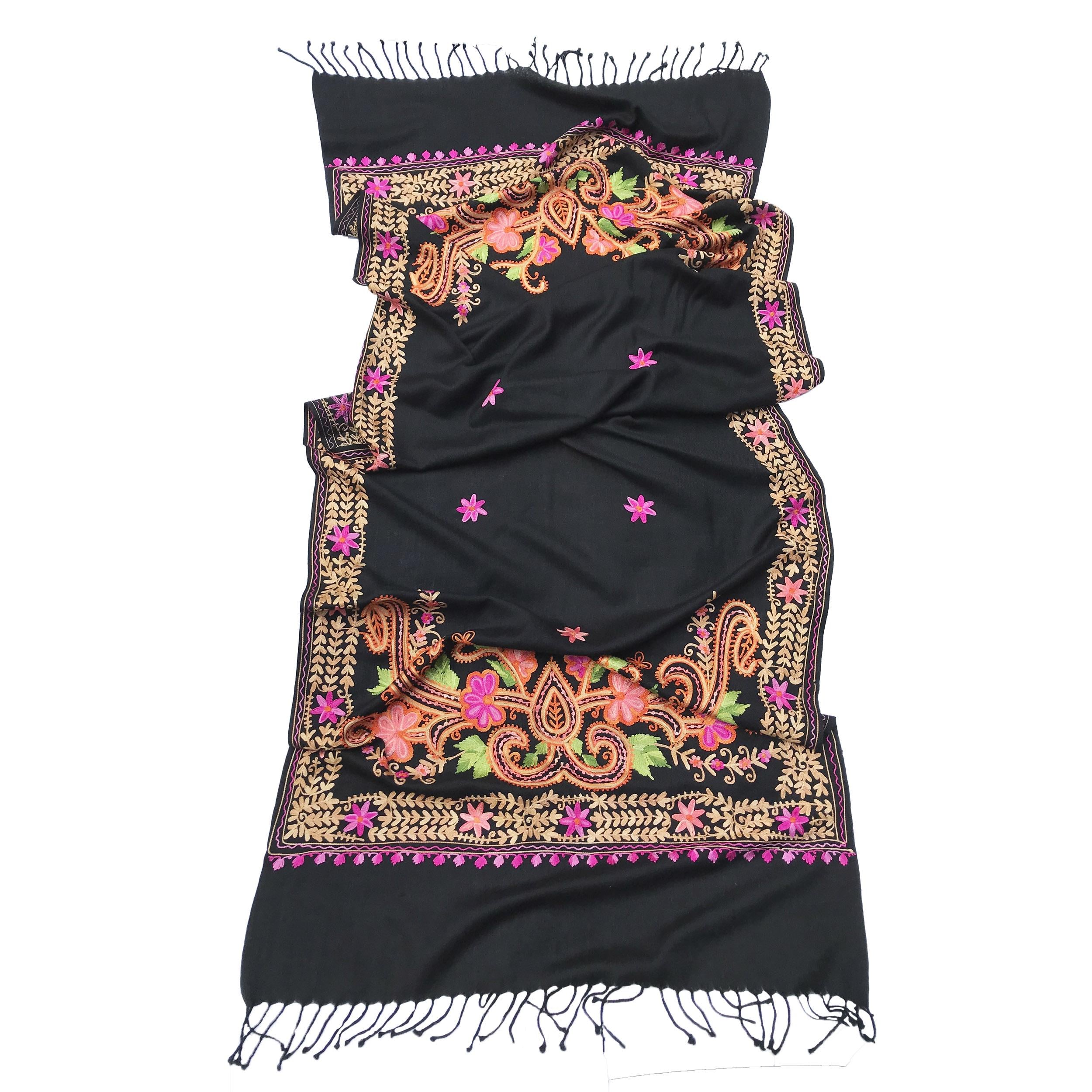 Шаль Silk Route тонкая шерсть вышитая шелком 200х70 см Черный (251)
