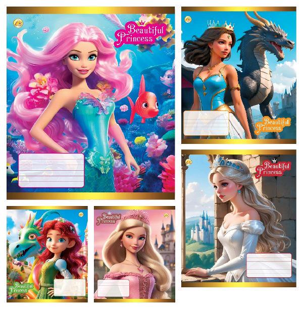 Зошити учнівські Тетрада Принцеси в клітинку тверда палітурка 12 арк. 25 шт. (MTT-199149)