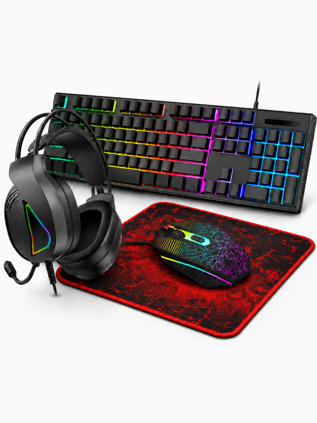 Клавиатура и мышка в комплекте 4в1 RGB-подсветка с наушниками и ковриком Черный (49676038)